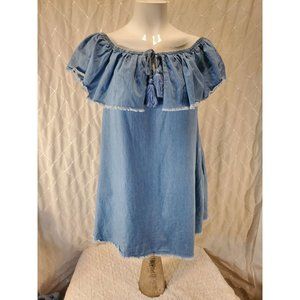 Easel Denim Dress W/Distressed Ruffle hem Size Sm off shoulder collar Farm girl.